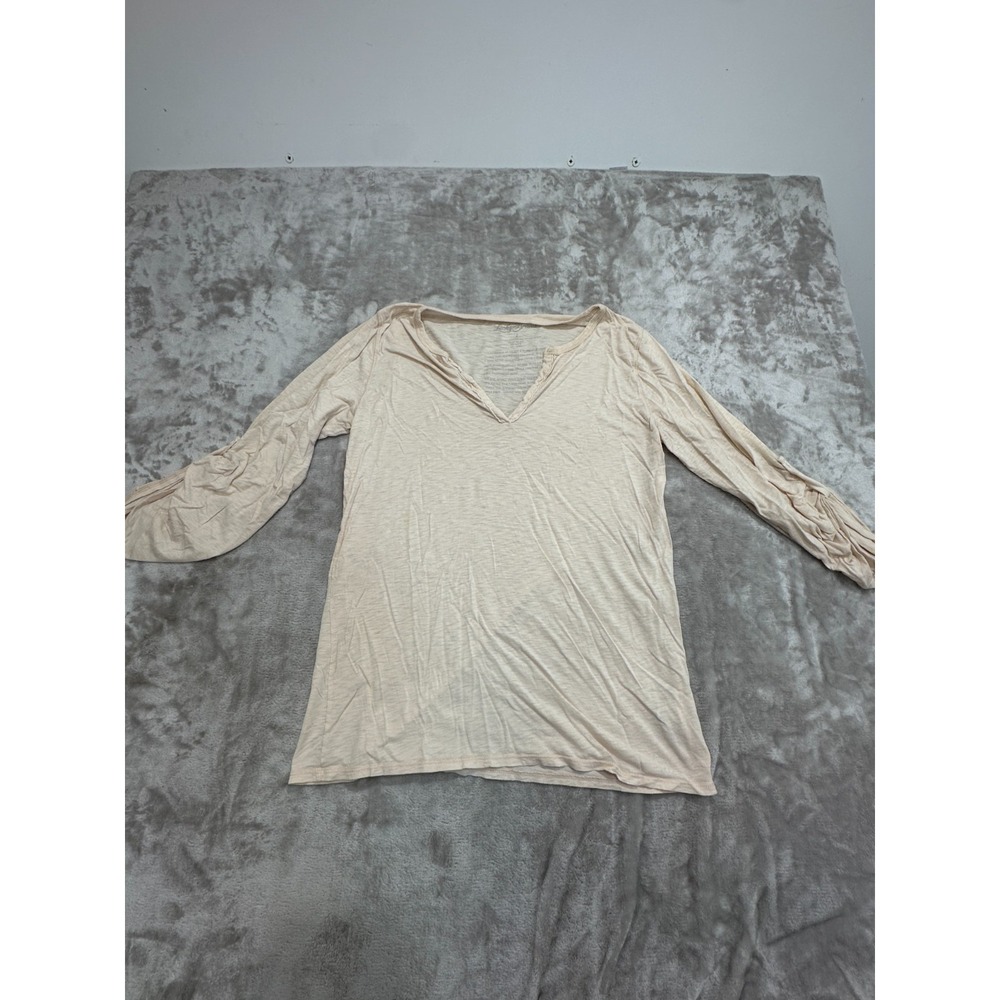 Lucky Brand Blouse Womens Size Large Beige V-Neck Long Sleeve Ruched Sleeve USA